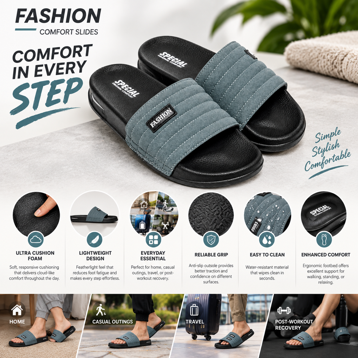 Fashion Comfort Slides with Ultra Soft Cushion